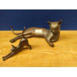 Two Bronze cat sculptures; Limited edition 73/100 cat stretching sculpture and large bronze cat