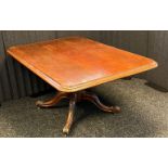 Victorian breakfast table, the rectangular tilt top with a moulded edge on a baluster column and