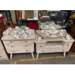 A 1960s marble effect dressing table and mirror along with a matching small 3 drawers chest of