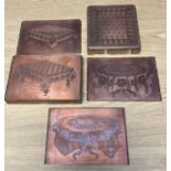 A Selection of five various brass engraved plates for block printing. For Linen Table Covers. [