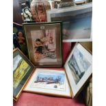 A selection of mixed art works includes watercolour country side scene, signed.