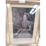 A queen Mary of Scots hand tinted print, framed.