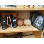 A Shelf of collectables to include pulse binoculars