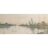 H.K.S Watercolour depicting a river scene, signed. [38x64cm]