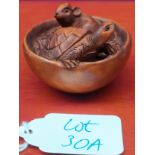 Japanese hand carved root wood sculpture of a turtle and mouse within a bowl, Both fitted with black