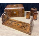 19th century Marquetry box, Olive wood Arts & crafts book slide, Two turned wooden cups and wooden