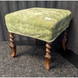 19th century mahogany stool, the square seat upholstered in green material, raised on twist and