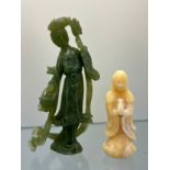 A Chinese hand carved green jade sculpture of a geisha together with a cream soapstone style