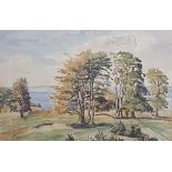 Large watercolour depicting tree's looking over the sea, unsigned. [52x68cm]