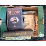 Box of books all relating to Titanic to include Titanic 100 years below, The Legend of the