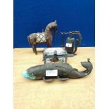 A Collection of oriental collectables includes Japanese bronze koi carp, eastern themed porcelain