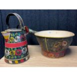 Two vintage Barge ware items; Metal painted wash bowl with handle and watering can.