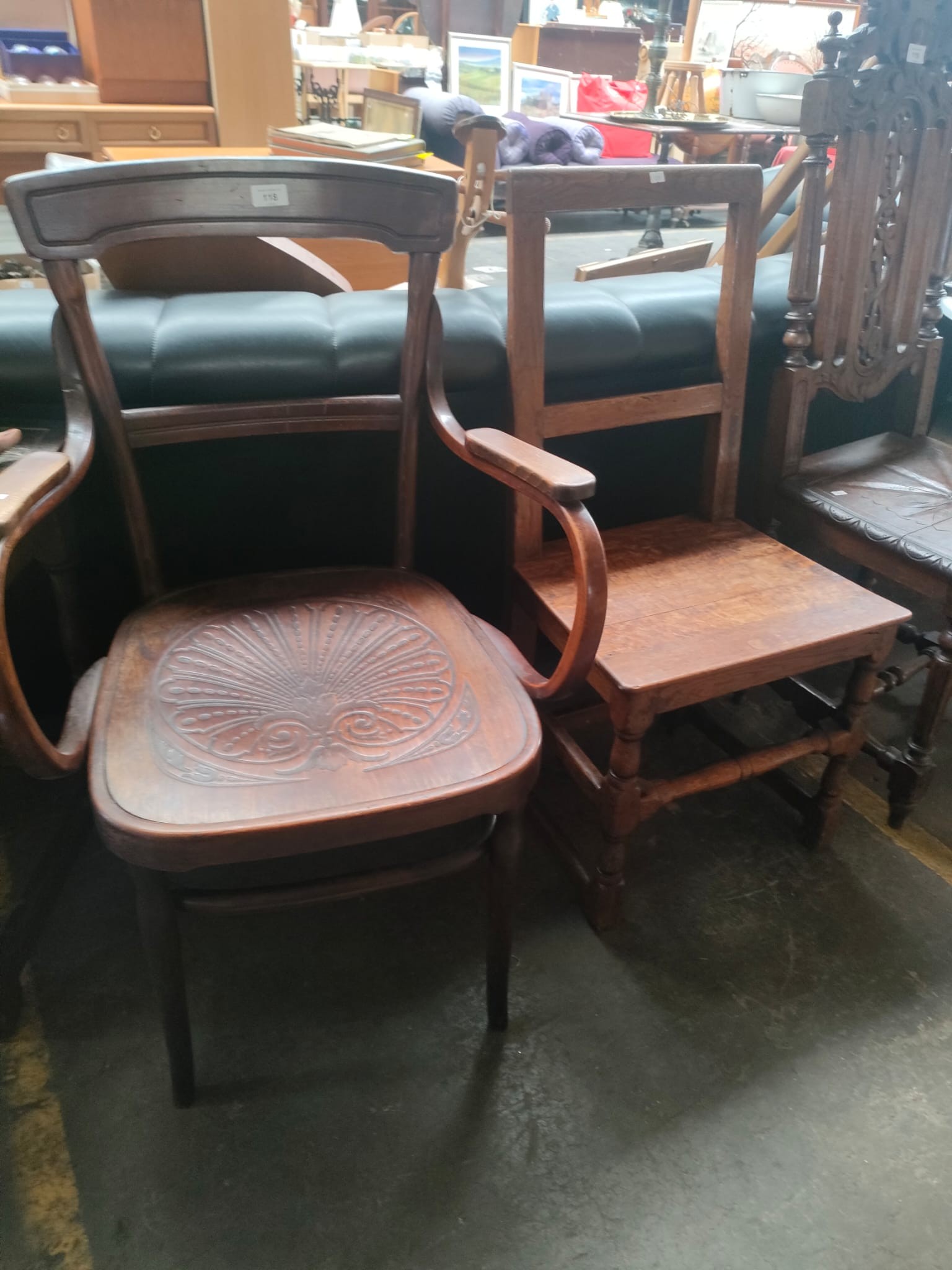 A 19th century bentwood arm chair along with other