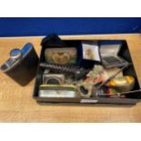 A box of collectables to include watches, necklaces, hip flask and coins