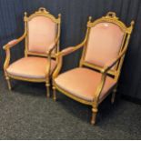 Louis XVI style chairs, within a gilt frame and upholstered in a blush pink material