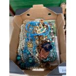 Box of mixed costume jewellery; Art deco bead worked necklace, silver and agate pendant and