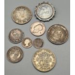 A Selection of silver antique coins; 1834 silver Liberty 25cent coin made into a brooch, 1887 & 1894