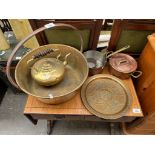 Selection of various brass and copper wares; Jelly pan, kettle with wooden turned handle, Arabic