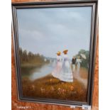 An Oil on Board depicting a riverside walk, with a couple of ladies looking at a bridge in the