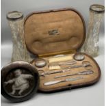 A Selection of silver hallmarked items; Cased Birmingham silver manicure set- silver pots, buffer,