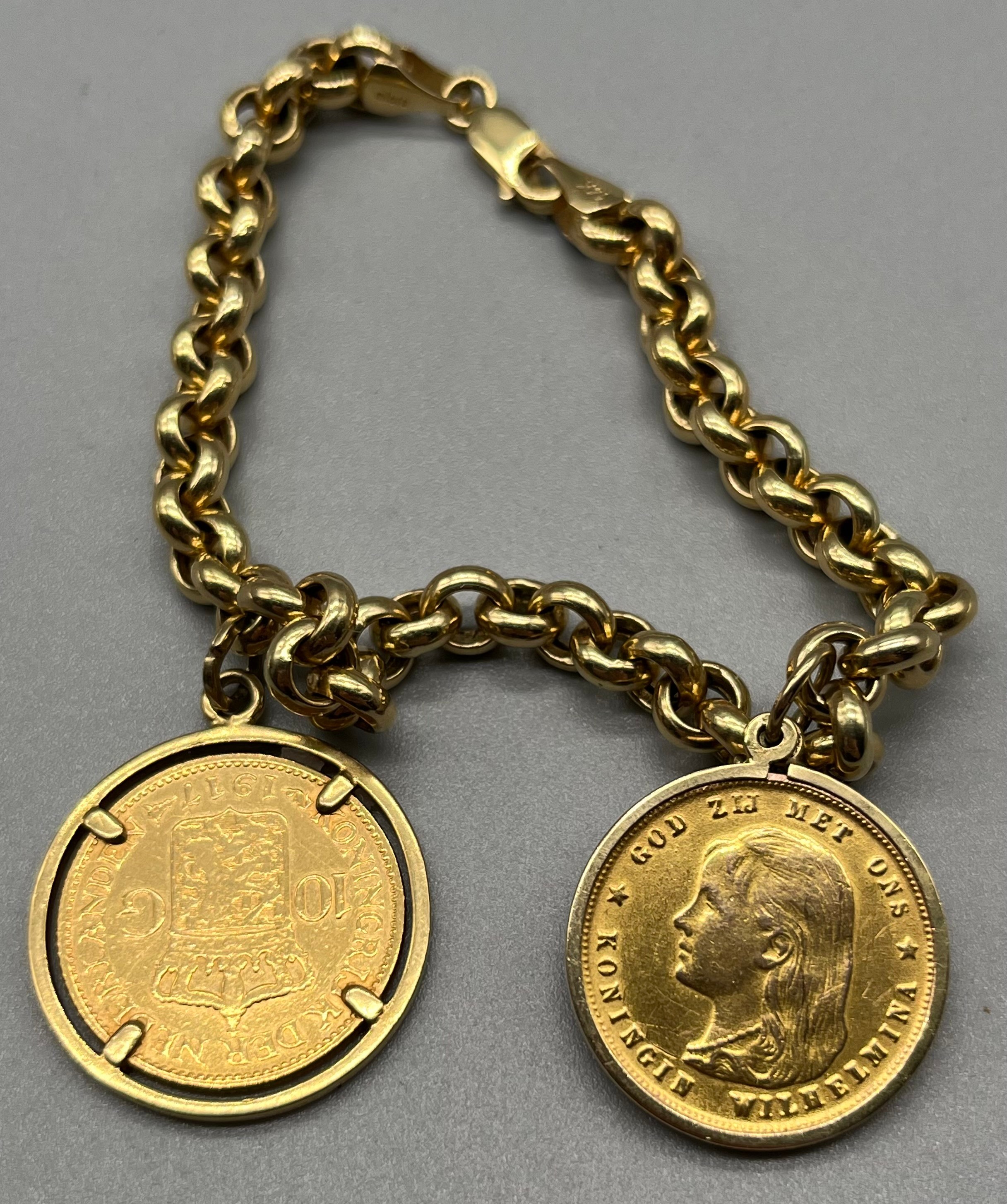 14ct yellow gold belcher bracelet together with two Netherland gold coins; 1897 & 1917 Ten Gulden - Image 4 of 5