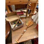 Selection of collectables; Small wooden oar, Brass stand and box of mixed collectables