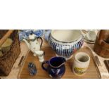 Tray of porcelain items; Stone ware Apple Jam Jar, Royal Doulton coffee pot and cream jug, Wade