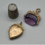 9ct yellow gold and amethyst stone swivel fob, Victorian Gold heart locket and Chester silver