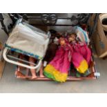 Crate of vintage dolls and Indian Puppets