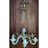 19th century Meissen Style porcelain 6 branch candle chandelier, detailed with raised relief