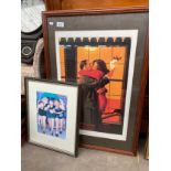 Contemporary Jack Vettriano couple kissing print together with a print titled 'Clubbing in the Rain'