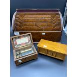 Antique Tambour desk top stationary box and two Music boxes. Drum music box made in Switzerland.