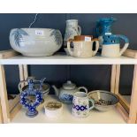 2 shelves of Studio pottery includes large bowl and other collectables to includes stone ware tig