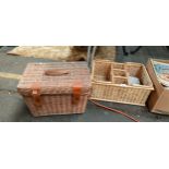 Vintage hamper wicker basket with leather straps and wicker picnic swing handle basket.
