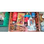 Crate of collectable kids toys; 1966 Snoopy gilt metal bank, Bank of Scotland red hippo bank,