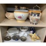 Two shelves of collectable porcelain; Tuscan deco painted basket, Limoge painted couple figure spill
