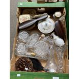 Box of dressing table items; hand brushes, preserve pots and hand mirrors.