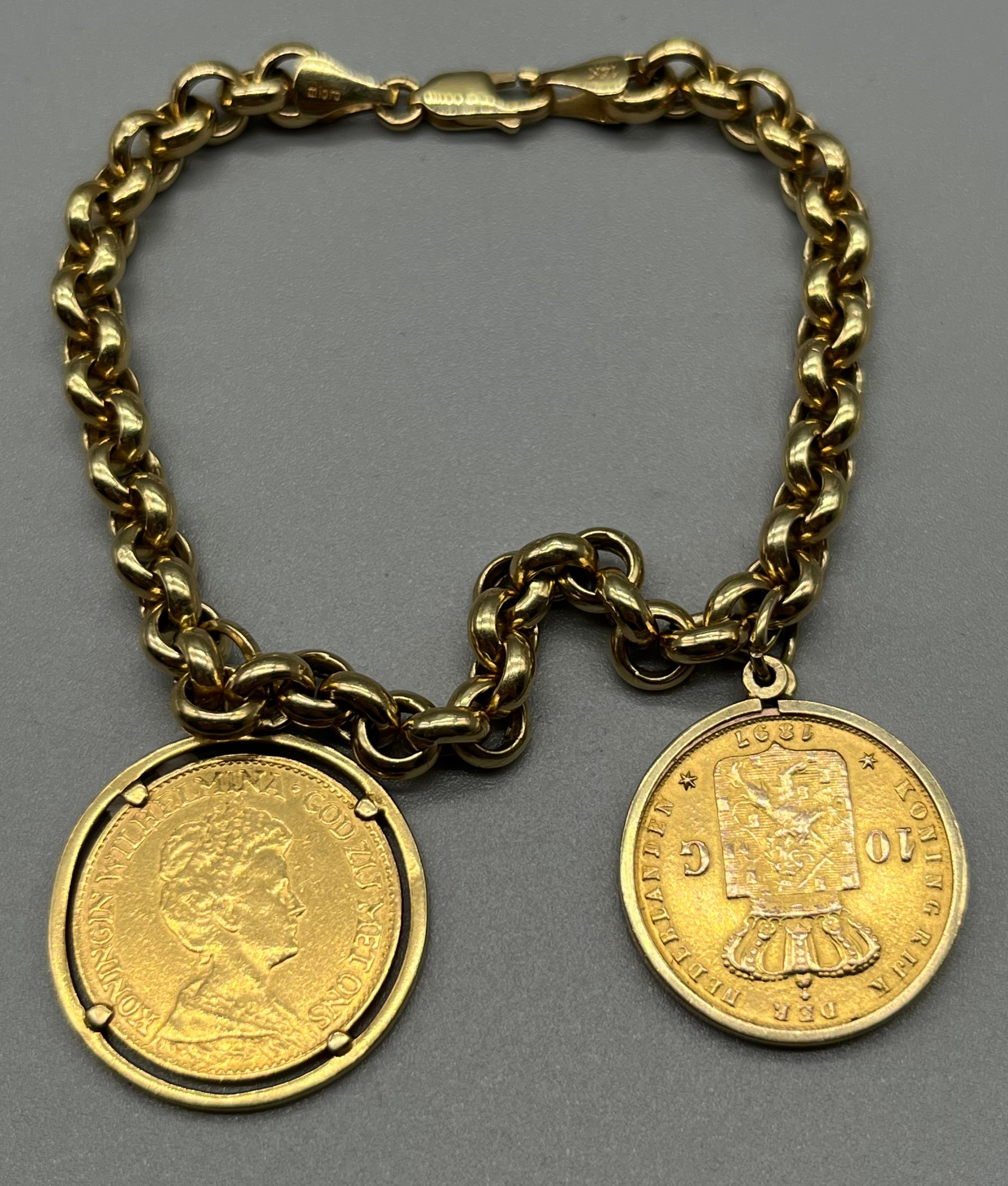 14ct yellow gold belcher bracelet together with two Netherland gold coins; 1897 & 1917 Ten Gulden