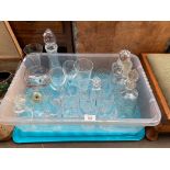 Box of mixed crystal and glass wares; Set of six whisky glasses and matching decanter.