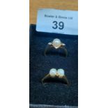 Two 9ct yellow gold rings fitted with pearls; One ring fitted with a single pearl and off set by