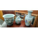 Three various oriental themed items; Hand painted planter, Chinese Figural hand painted vase and