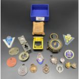 Collection of odds; Military compass, Casartelli thread counter, Military dog tags, Chester silver