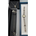 Three silver items of jewellery; Silver 925 ladies Quartz watch, Silver bangle with attached heart