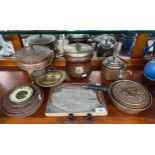 Antique collectables; Copper worked printing block, copper fondu burning pot, copper pan, copper