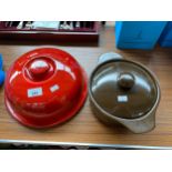 French Red glaze cake dish and cover together with brown glaze cooking pot and lid.