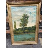 19th century oil painting; fishing on a river scene, painted on canvas [Windsor & Newton] Fitted