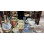Shelf of porcelain collectables; Royal Worcester bottle neck and bulbous ornate vase, Royal