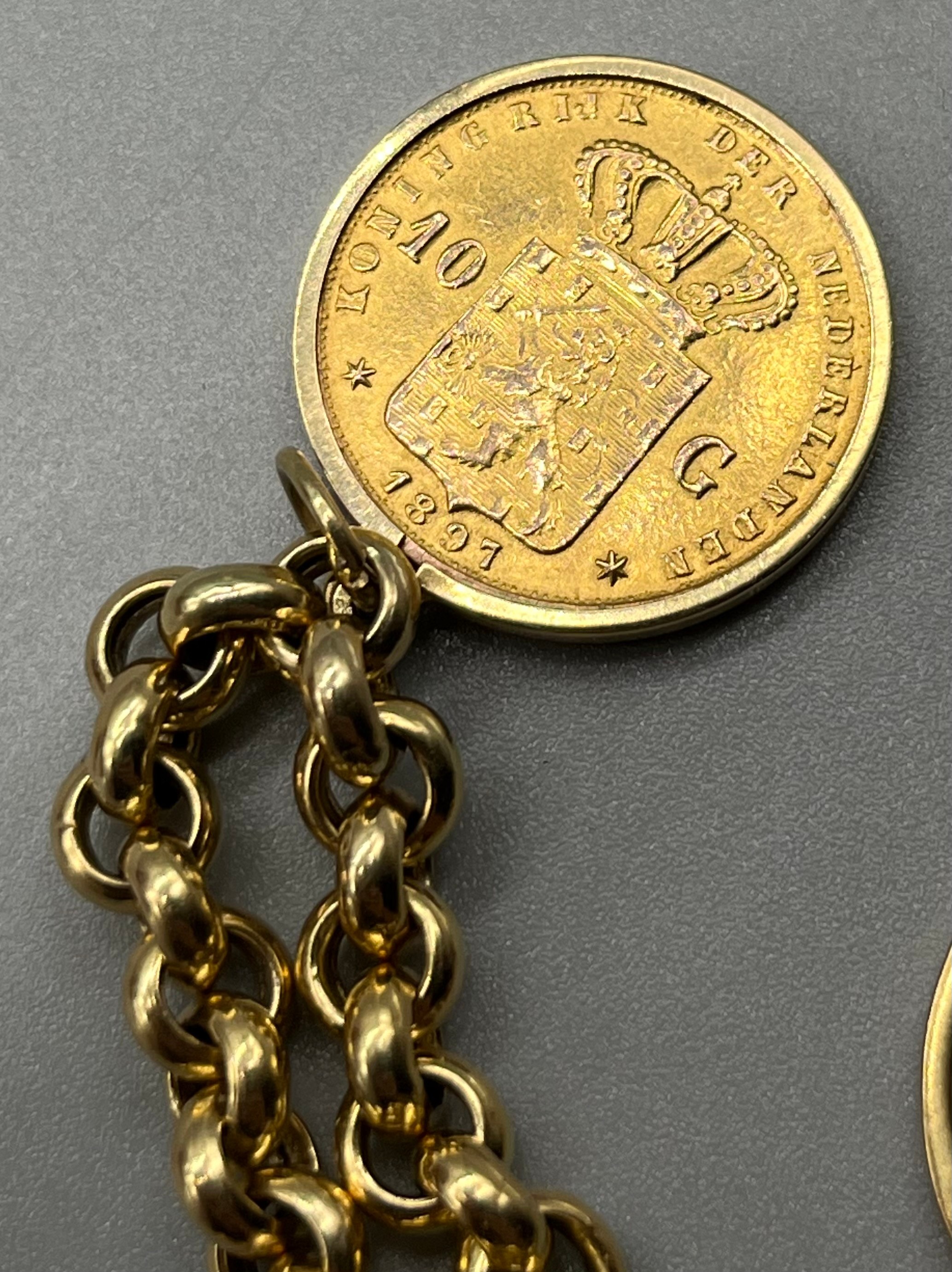 14ct yellow gold belcher bracelet together with two Netherland gold coins; 1897 & 1917 Ten Gulden - Image 3 of 5