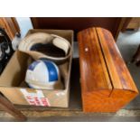 Fencing helmet, Riding helmet and wooden pine sewing chest.