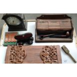Tray of collectables; Brass Shakespeare nut cracker, wooden desk top stationary box, Two vintage